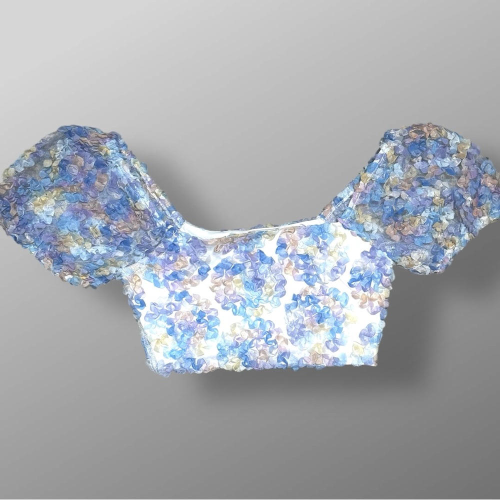 Le Lis Collection Floral Mesh Puff Sleeve Crop Top XS Mesh Side Zipper Spring
